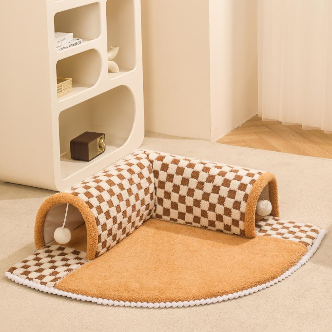 Cama tipo túnel 2 en 1 para perros y gatos, bonita cama para mascotas con forma de abanico, divertida y a cuadros de felpa