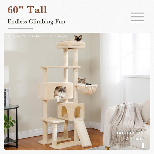 Árbol para gatos de varios niveles de 60,62 pulgadas, torre para gatos de interior con poste rascador cubierto de sisal, acogedor condominio para gatos, percha superior acolchada para gatos de interior