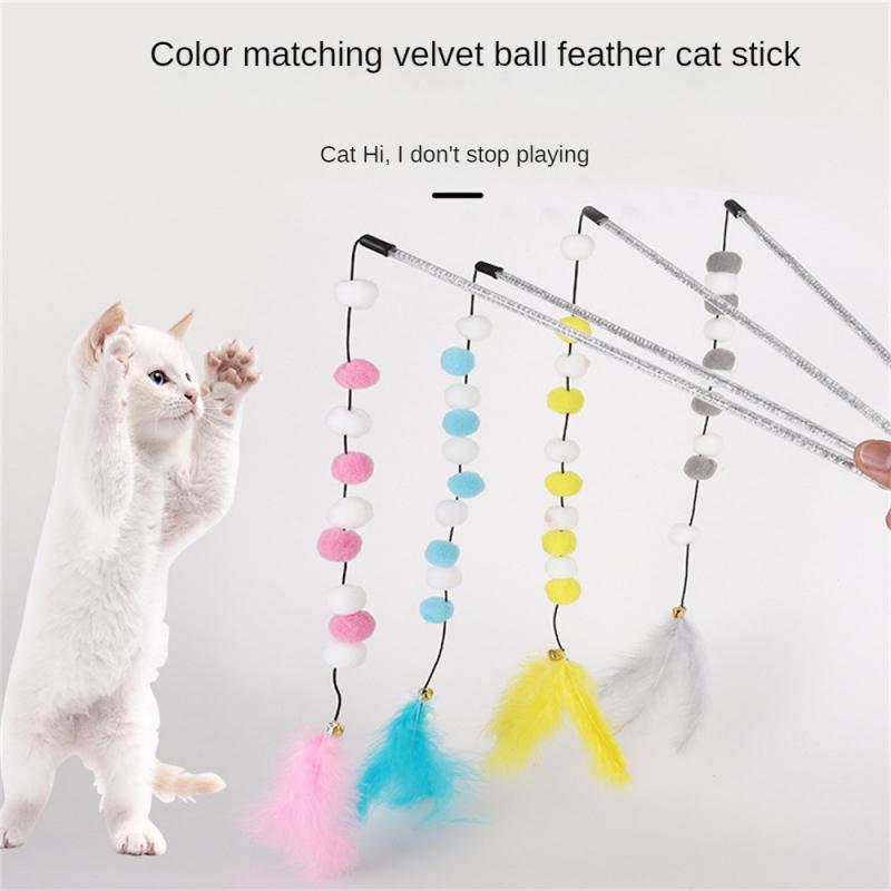 Juguete interactivo divertido para gatos con forma de varilla y cascabel y plumas para gatos