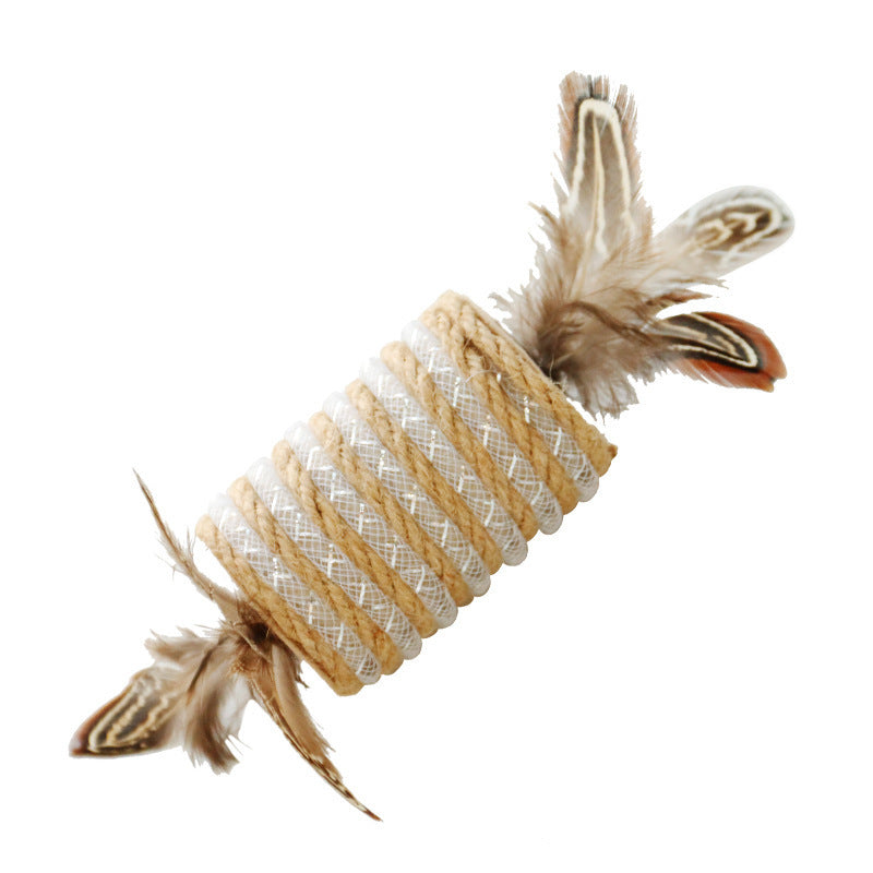 Toy With Cat Feathers Hemp Rope For Scratching Self-grinding Claw Sound Roller For Pets Bite Resistant Toy