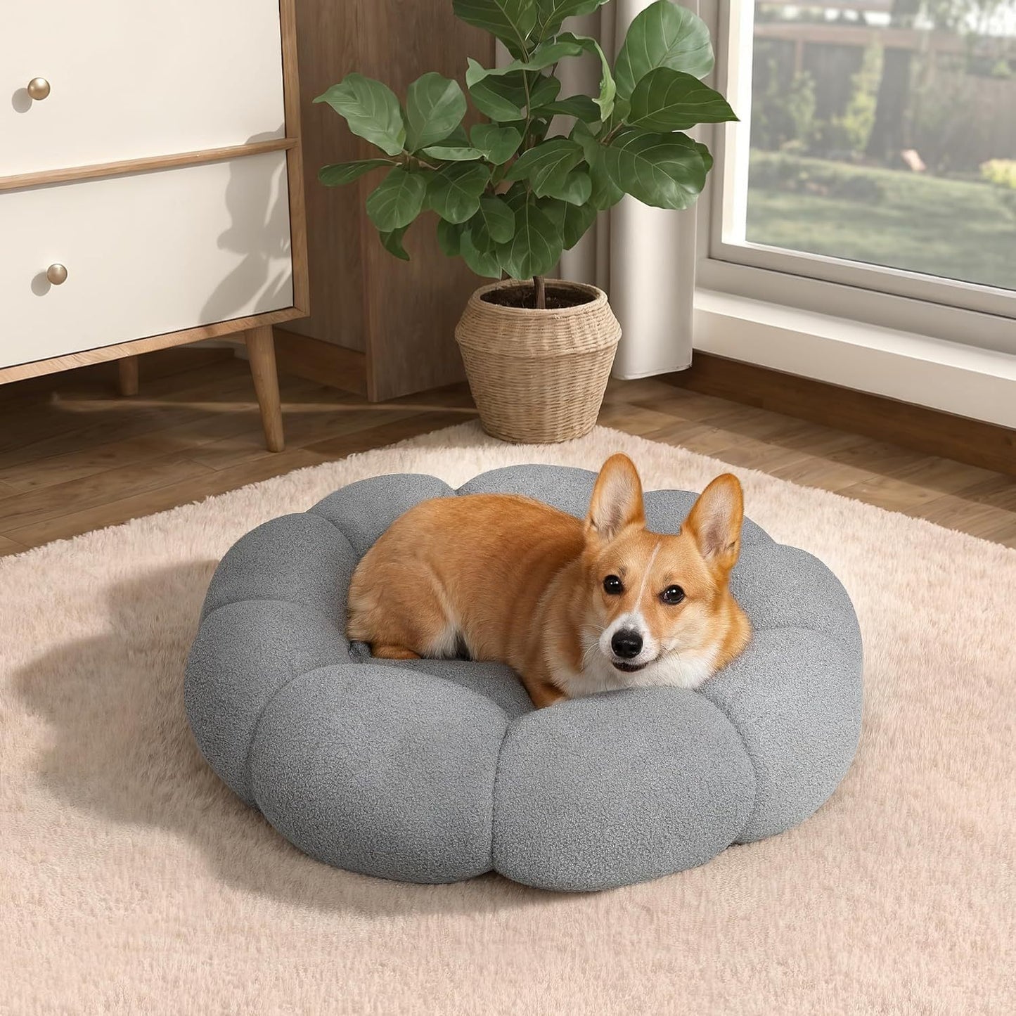 Camas calmantes para gatos para gatos de interior Cama para perros y gatos con flores esponjosas en peluche Sherpa Round Donut Cuddler Cama para cachorros Cama antideslizante lavable a máquina