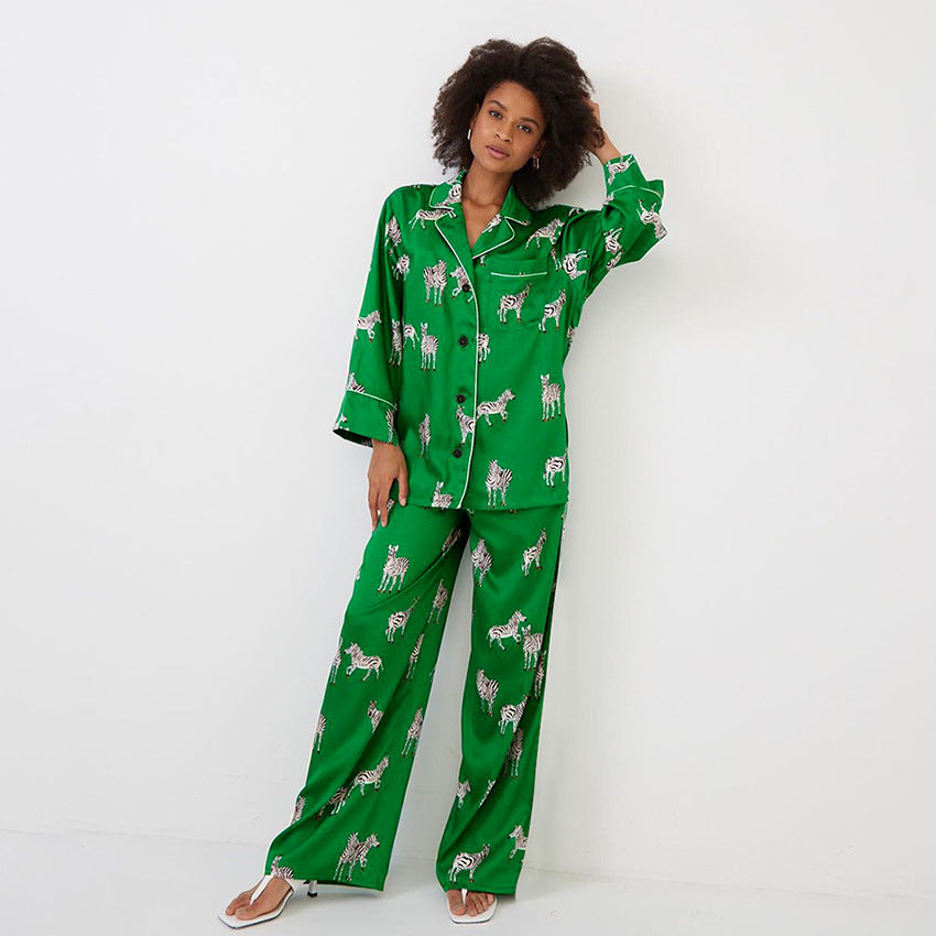 Animal Print Satin Satin Long-sleeved Suit Pajamas Ladies Green Comfortable Home Wear