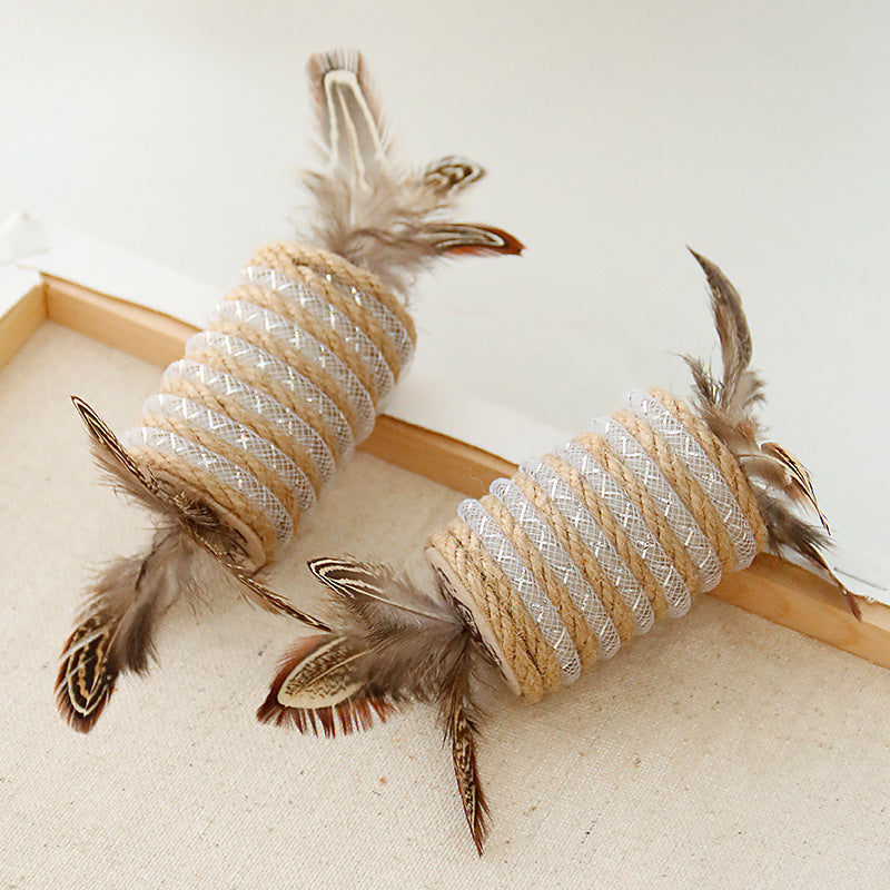 Toy With Cat Feathers Hemp Rope For Scratching Self-grinding Claw Sound Roller For Pets Bite Resistant Toy