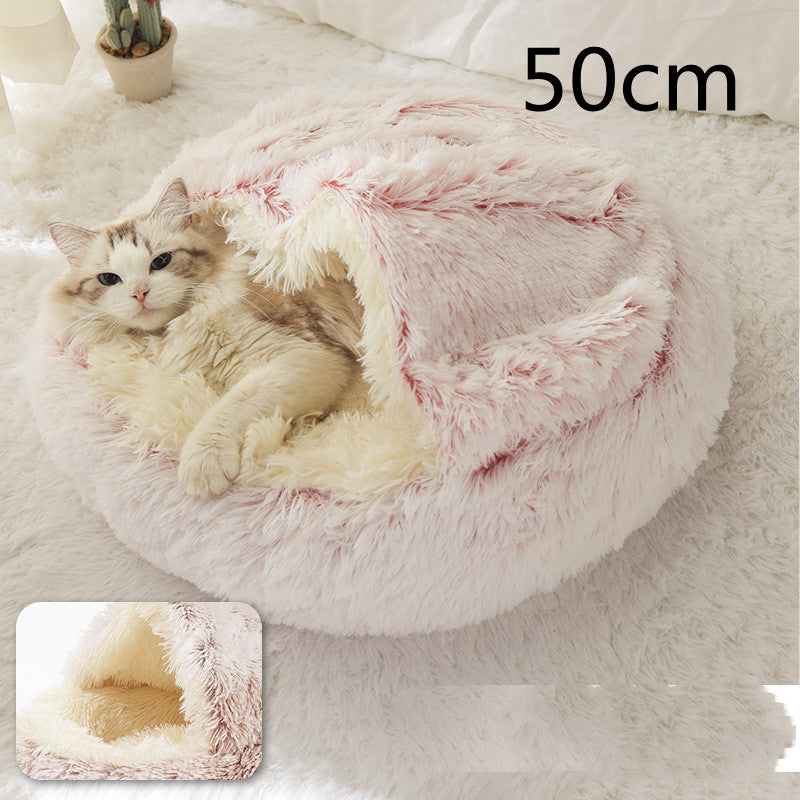 Lit d'hiver 2 en 1 pour chien et chat, lit rond en peluche chaud, maison douce et longue en peluche pour animaux de compagnie