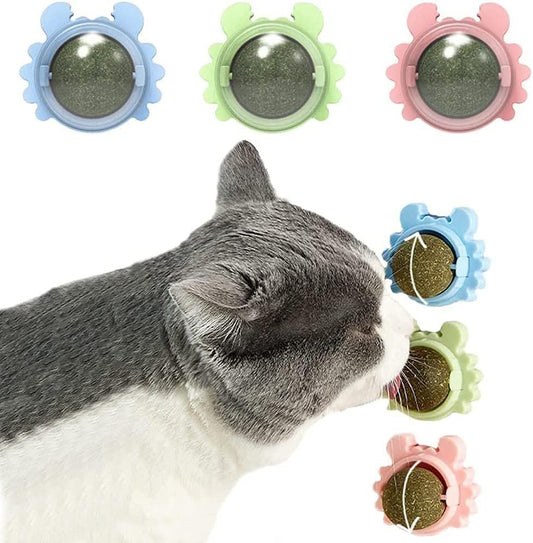 Bola de pared con hierba gatera, juguete comestible para lamer, juguete masticable para gatos, juguete para limpiar los dientes, juguete giratorio para morder en interiores, decoración de pared para gatos