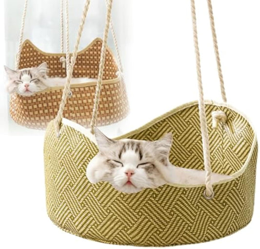 Hamac respirant pour chat – Cage pour chat en rotin avec crochets en métal – Lit pour animal de compagnie intérieur et extérieur – Perchoir confortable pour chat pour dormir, jouer, grimper et se prélasser