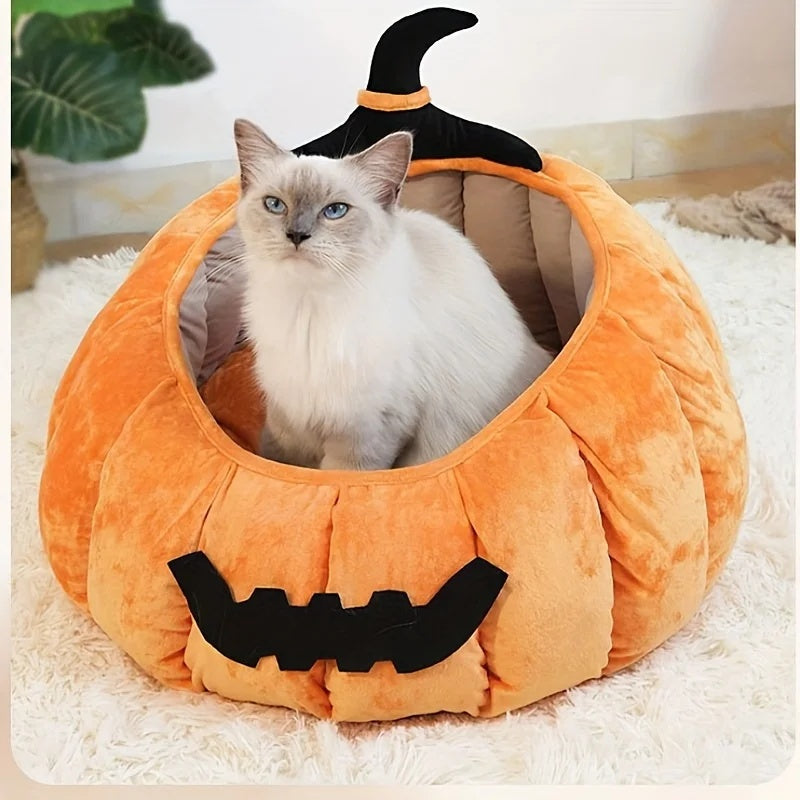 Cama para gatos acogedora con forma de calabaza de Halloween, cálida cama para mascotas con diseño de diablo de dibujos animados, nido de felpa suave para gatos y perros pequeños, para invierno y otoño 