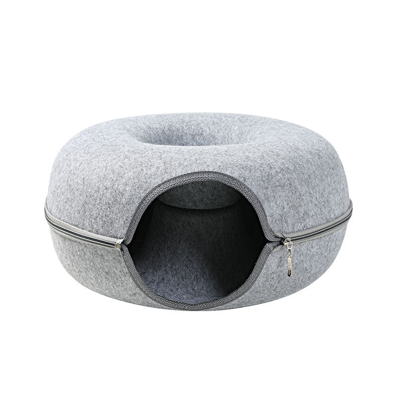 Nid de chat rond en feutre de laine, quatre saisons disponibles, animal de compagnie, nid de chat à double usage, Tunnel interactif, jouet d'entraînement, nid de chat en feutre gris 