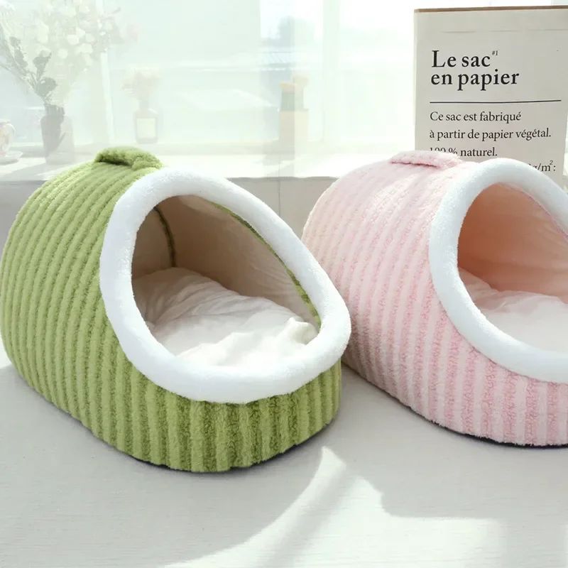 Cama para perros y gatos engrosada en 3D para otoño e invierno, cálida cama para perros con agujeros perforados y esponja extraíble, cama para mascotas a rayas, sofá nido para cachorros