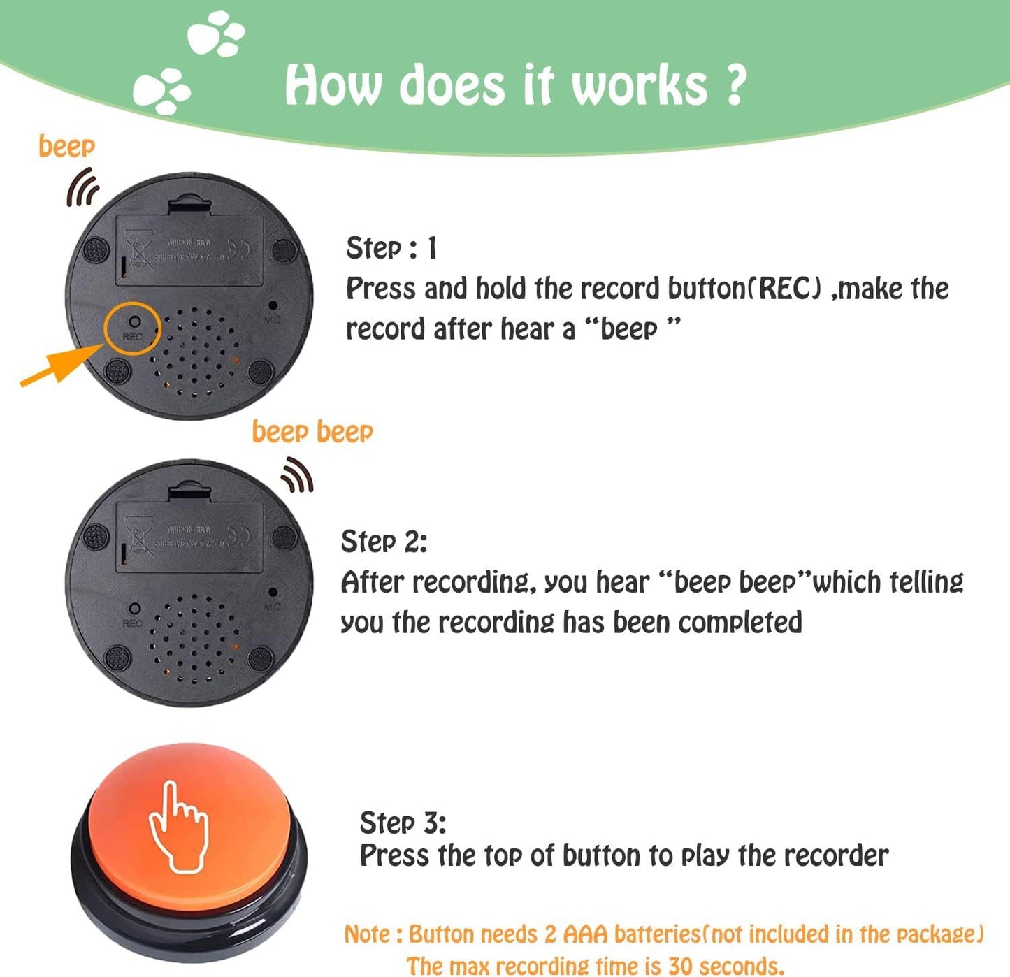 Voice Recording Button For Communication Pet Training Buzzer 30 Second Record Playback Dog Toy Voice Recording Clicker