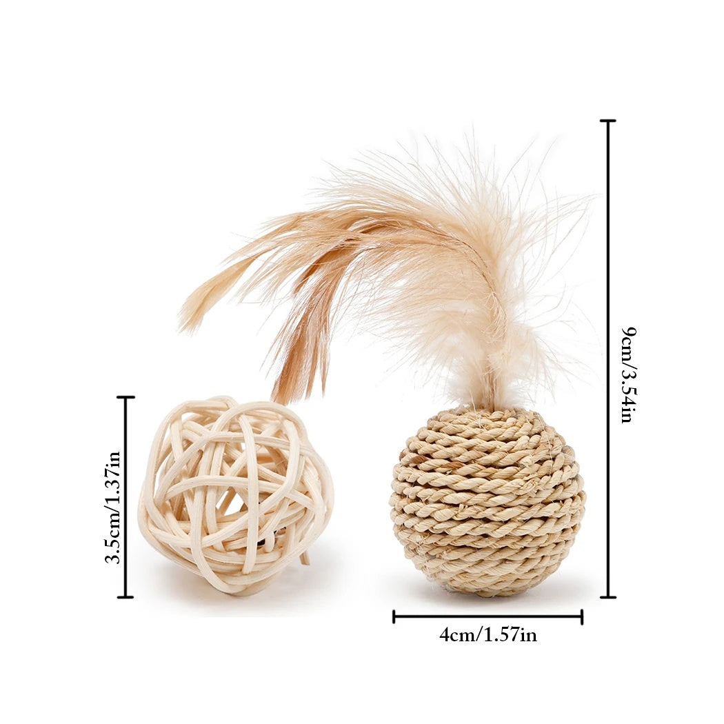 2pcs Cat Toy Pet Rattan Ball Cat Toy Funny Faux Feather Cat Bell Ball Kitten Playing Interactive Ball Toys Pet Supplies