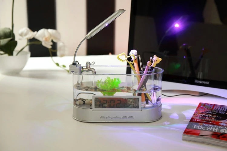 Mini Aquarium de bureau USB, heure, Date, semaine, alarme de température, porte-stylo Transparent