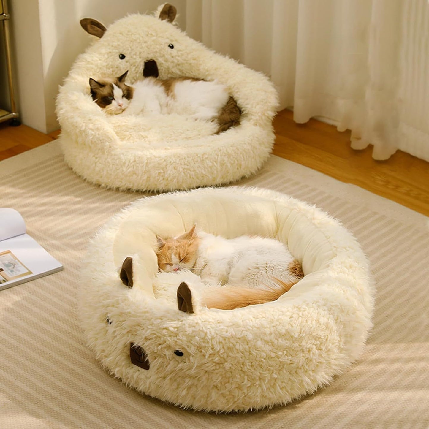 Cut Alpaca Pet Bed For Small Medium Large Dogs Cats Calming Dog Bed Cat Beds With Detachable Plush Pads Anti Slip Bottom Raised Edges Cat Litter Winter Warm Nest White