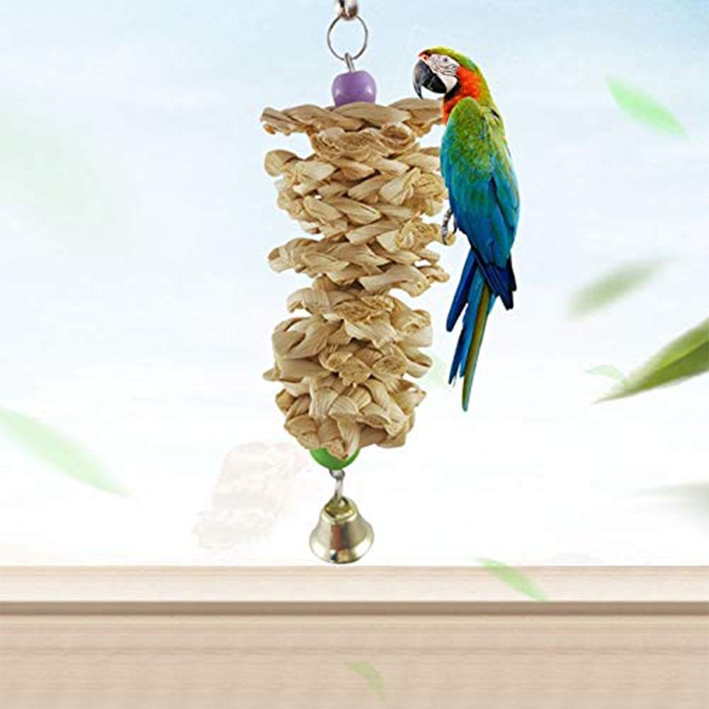 Bird Parrot Toy With Bell Natural Wooden Grass Bite Hanging Cage