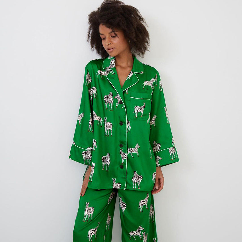 Animal Print Satin Satin Long-sleeved Suit Pajamas Ladies Green Comfortable Home Wear