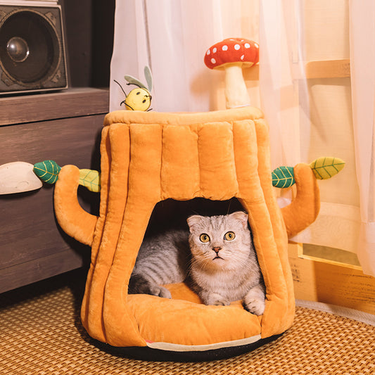 Arena para gatos Saco de dormir para gatos Perro pequeño Otoño e invierno Cálido Casa para gatos con tocón de árbol semicerrado