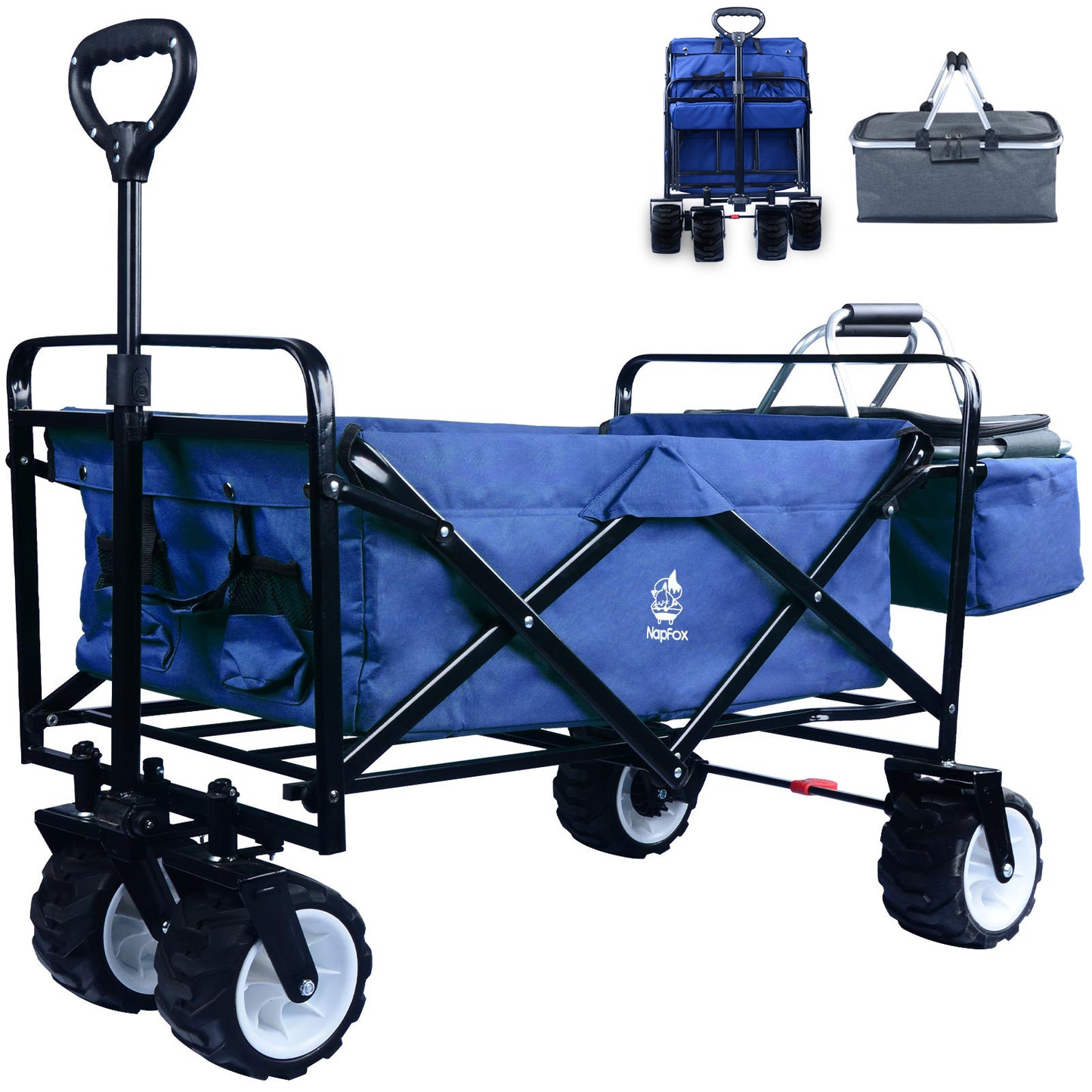 Wagon Pliable, Chariots Chariots Chariot d'épicerie Pliable sur Roues Chariot Pliable de Wagon de Plage avec Roues, Sac Isotherme, Porte-gobelets, Filet de Cargaison, Shopping, Jardin, SportsBlue