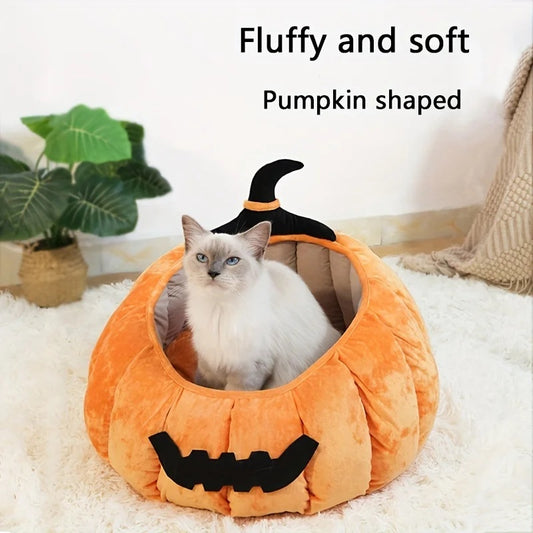 Cama para gatos acogedora con forma de calabaza de Halloween, cálida cama para mascotas con diseño de diablo de dibujos animados, nido de felpa suave para gatos y perros pequeños, para invierno y otoño 