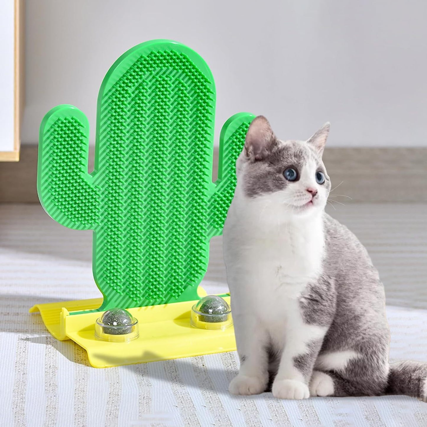 Cepillo para el pelo de cactus con dos bolas de hierba gatera, cepillo para el pelo de esquina, almohadilla para rascar, masajeador para gatos, poste para frotar, juguete interactivo para gatos