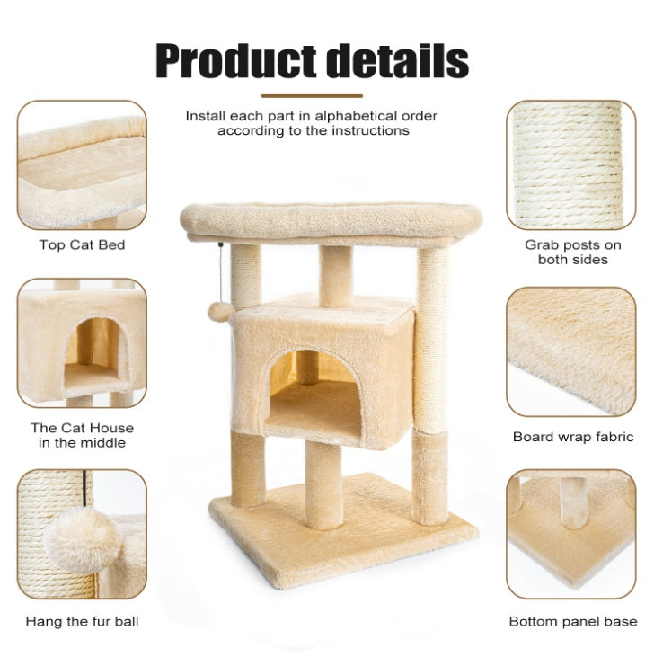 Torre para gatos Pefilos de 29 pulgadas para gatos de interior, condominio para gatos con postes rascadores de sisal, percha de felpa, muebles tipo cama para gatos, color beige