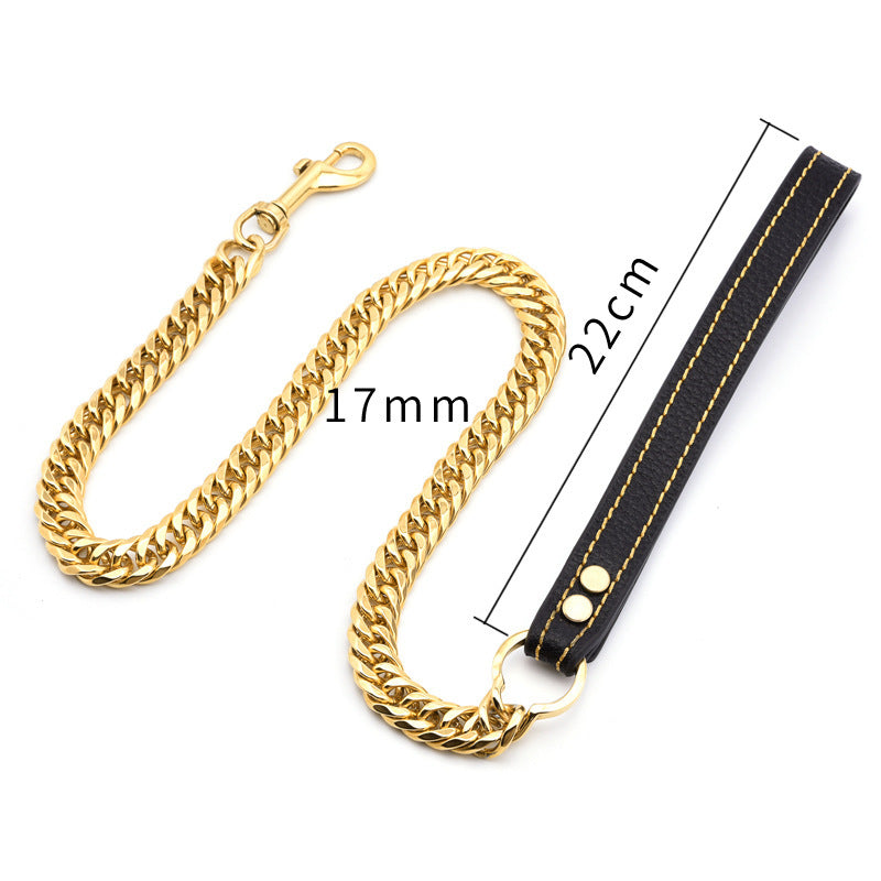 17MM Wide Double Six-sided Grinding Titanium Steel Stainless Steel Pet Dog Chain Leather Leash