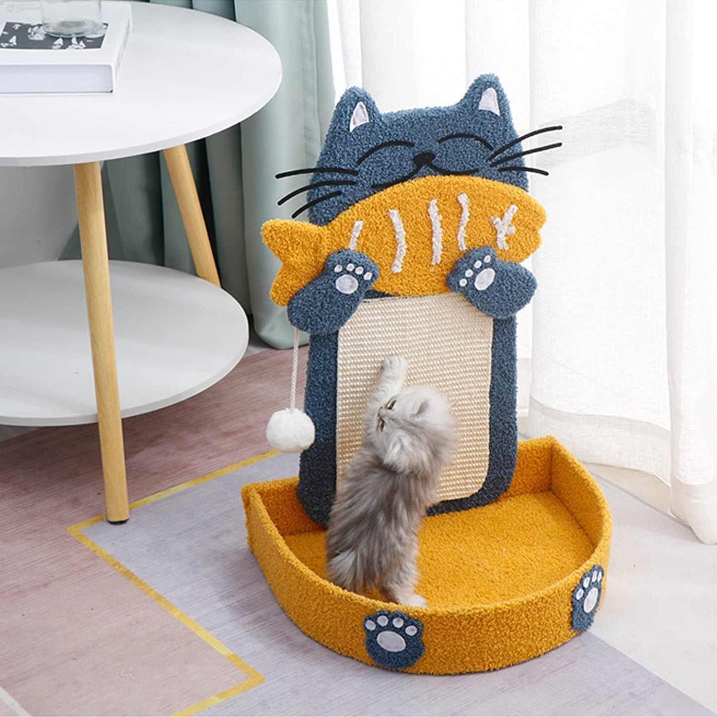 Poteaux à gratter en sisal avec boule suspendue, planche à gratter pour chat avec lit pour chat, griffoir en forme de poisson pour chat mangeant un chat pour chaton d'intérieur