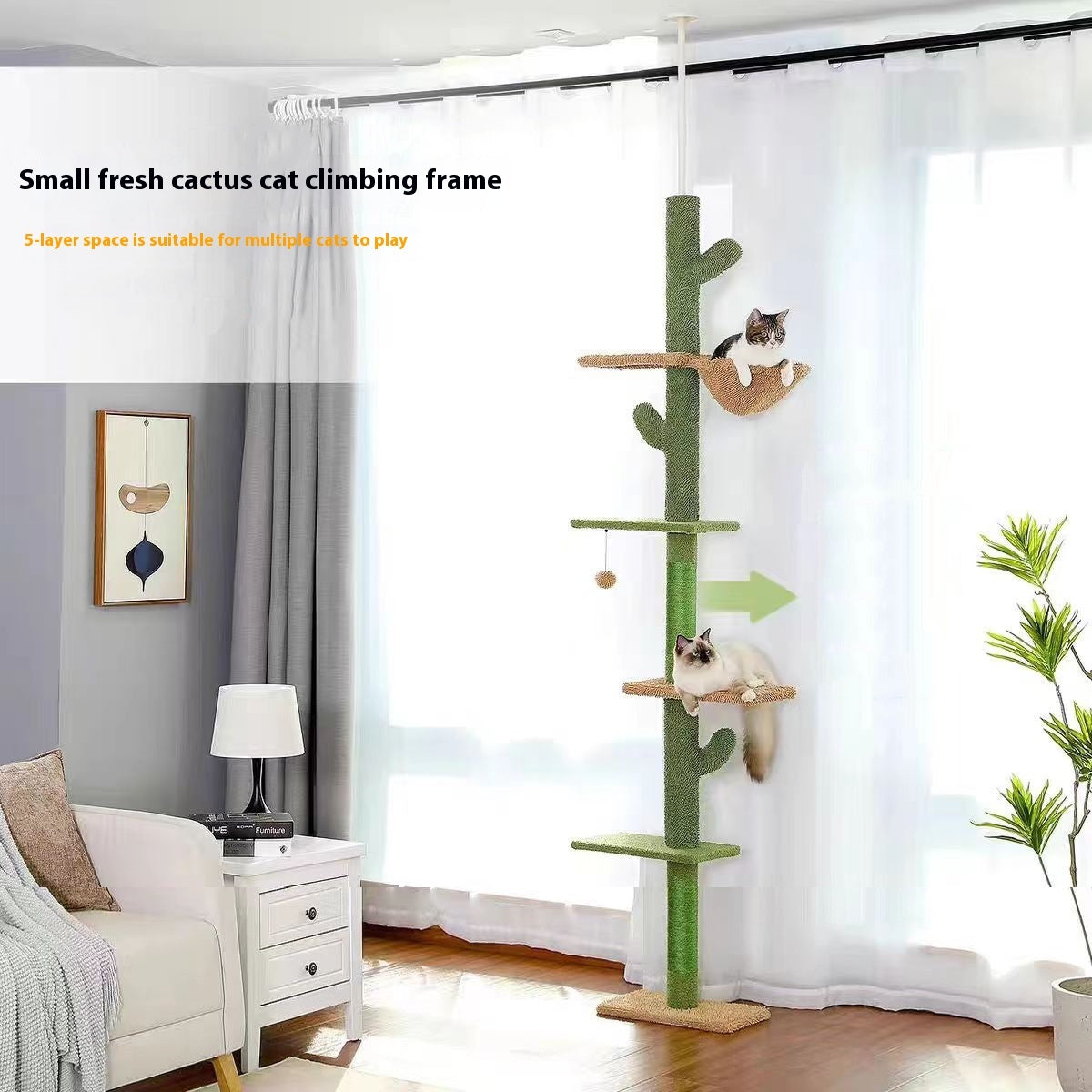 Árbol para gatos con forma de cactus, rascador integrado para gatos, juguete para gatos, estructura de escalada de madera maciza con alivio automático