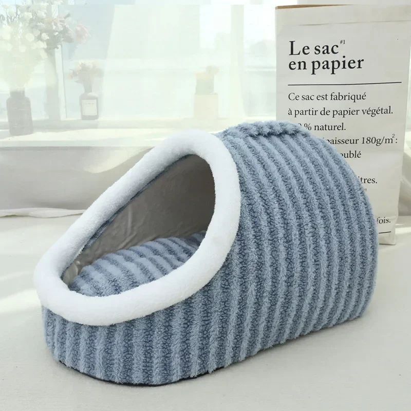 Cama para perros y gatos engrosada en 3D para otoño e invierno, cálida cama para perros con agujeros perforados y esponja extraíble, cama para mascotas a rayas, sofá nido para cachorros