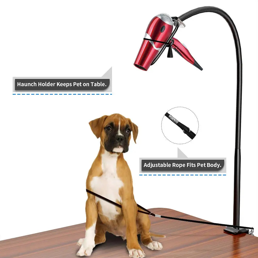 Accesorios de mesa para aseo de perros, soporte para secador de pelo, manos libres, acero inoxidable, rotación de 360 ​​grados con soporte de abrazadera ajustable