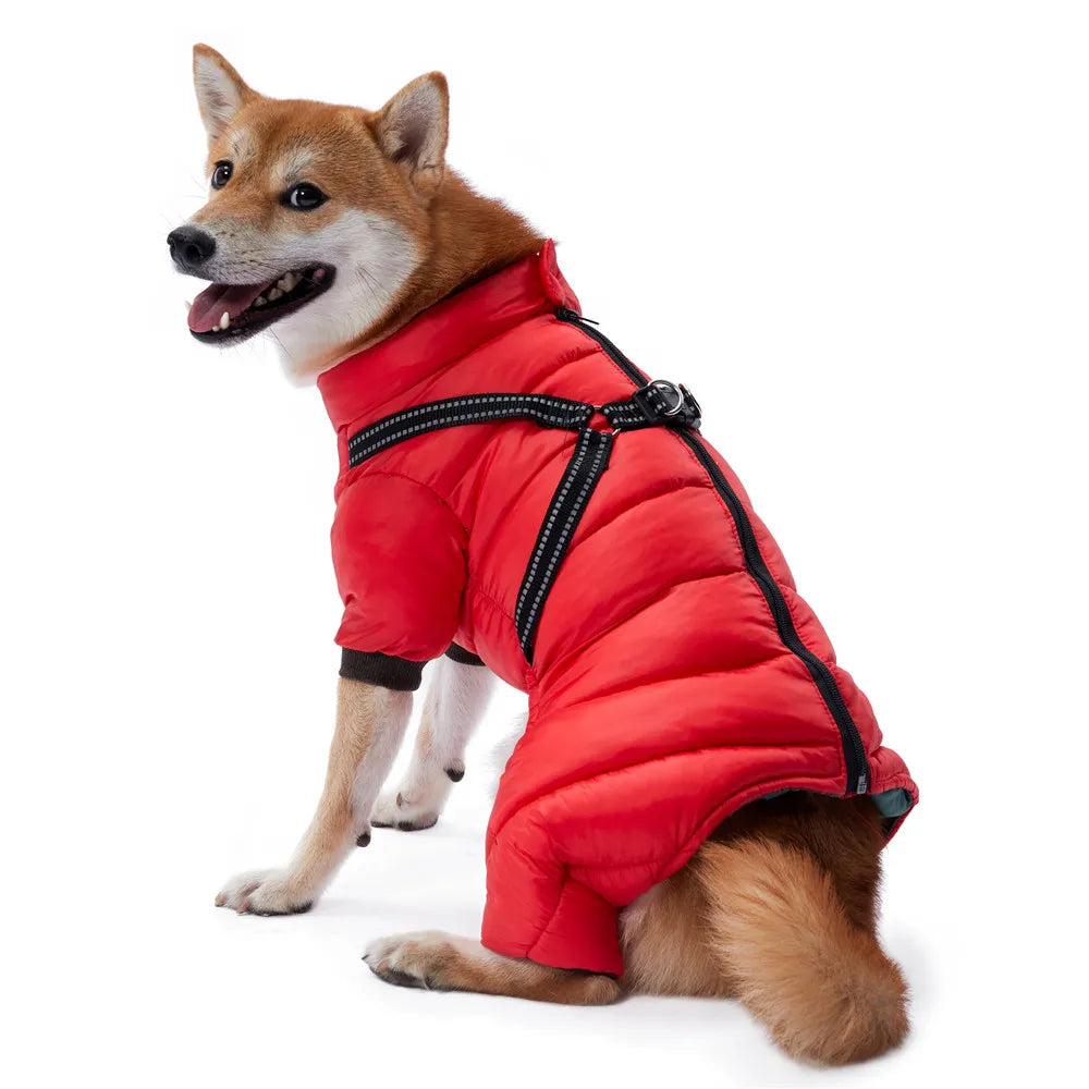 Monos para perros, chaqueta cálida y esponjosa de invierno para perros pequeños y medianos, abrigo impermeable con cremallera y arnés, ropa reflectante para perros