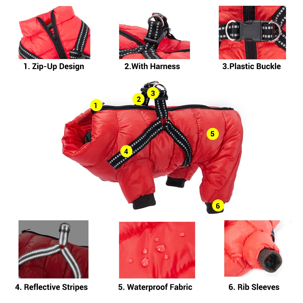 Monos para perros, chaqueta cálida y esponjosa de invierno para perros pequeños y medianos, abrigo impermeable con cremallera y arnés, ropa reflectante para perros