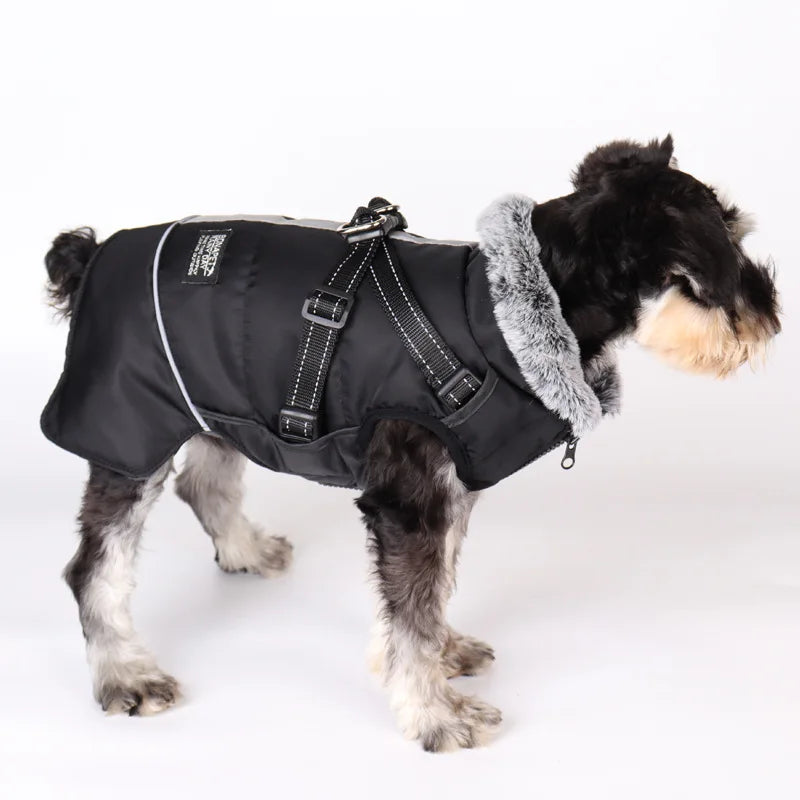 Ropa para perros con Cuello de piel, chaqueta cálida de invierno para exteriores para perros grandes, abrigo acolchado reflectante impermeable para mascotas con arnés, Bulldog Francés