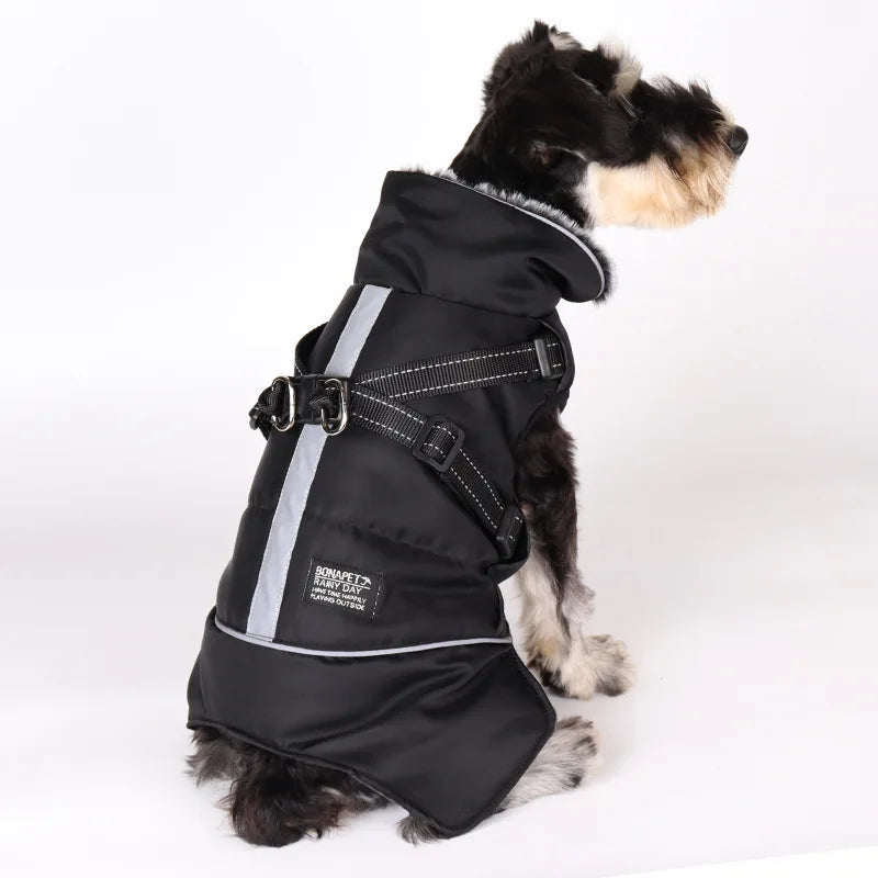 Ropa para perros con Cuello de piel, chaqueta cálida de invierno para exteriores para perros grandes, abrigo acolchado reflectante impermeable para mascotas con arnés, Bulldog Francés