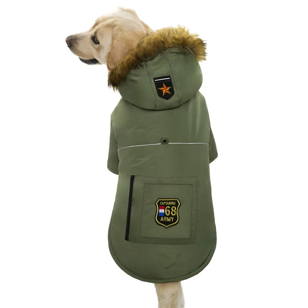 Chaqueta cálida de invierno con capucha para perro, ropa impermeable con Cuello de piel para perro, ropa navideña con insignia, perro más grueso para perros grandes