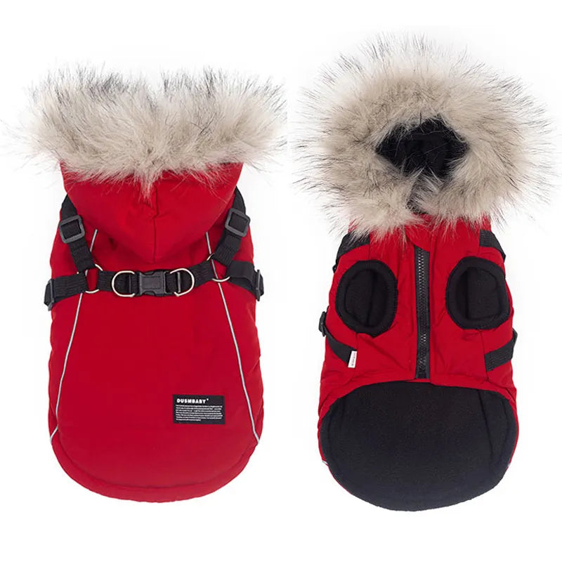 Ropa de invierno para perros, abrigo Parka con Cuello de piel de lujo para perros pequeños, chaqueta cálida acolchada impermeable para mascotas con arnés con cremallera