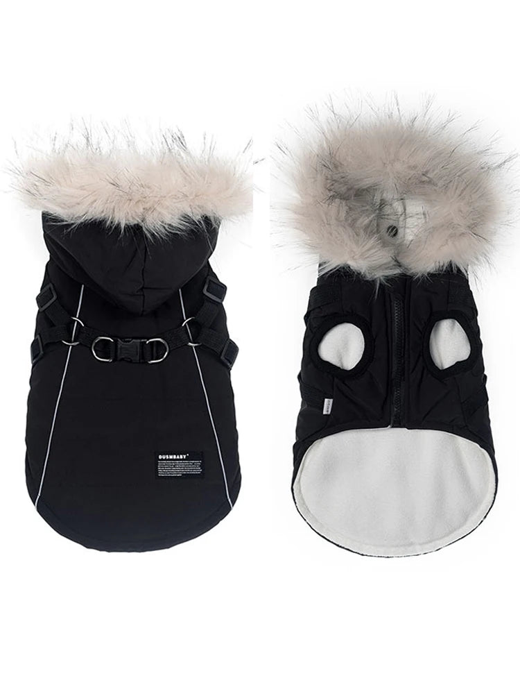 Vêtements d'hiver pour chiens, Parka de luxe avec col en fourrure pour petits chiens, imperméable, rembourré, chaud, veste pour animaux de compagnie avec harnais et fermeture éclair