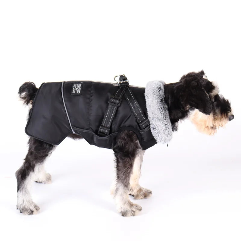 Ropa para perros con Cuello de piel, chaqueta cálida de invierno para exteriores para perros grandes, abrigo acolchado reflectante impermeable para mascotas con arnés, Bulldog Francés