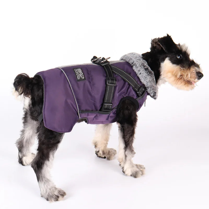 Ropa para perros con Cuello de piel, chaqueta cálida de invierno para exteriores para perros grandes, abrigo acolchado reflectante impermeable para mascotas con arnés, Bulldog Francés