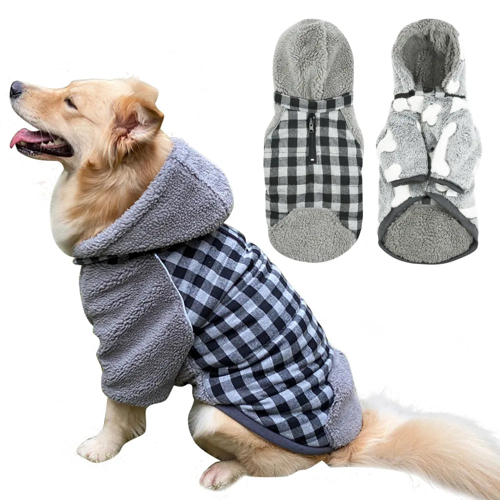 Winter Dog Clothes Plaid Reversible Thick Dog Coats for Small Medium Large Dogs Super Soft Warm Pet Clothing with Removable Hood Fashion Style