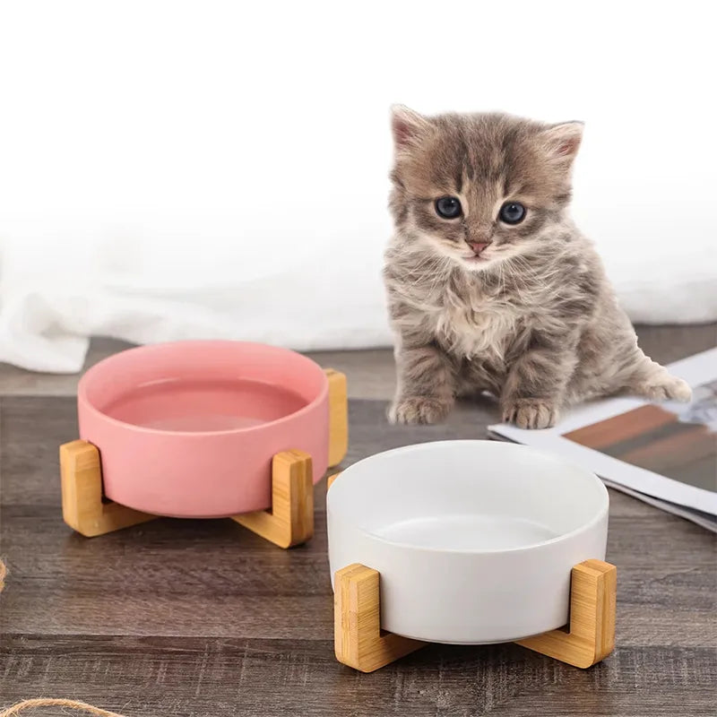 Cuenco de cerámica para mascotas, plato con soporte de madera, sin derrames, cuenco doble de cerámica para mascotas, comida para perros y gatos, alimentador de agua, cuenco para perros pequeños y mascotas