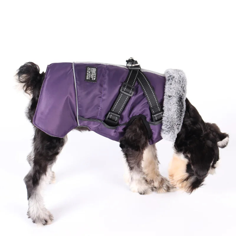 Ropa para perros con Cuello de piel, chaqueta cálida de invierno para exteriores para perros grandes, abrigo acolchado reflectante impermeable para mascotas con arnés, Bulldog Francés