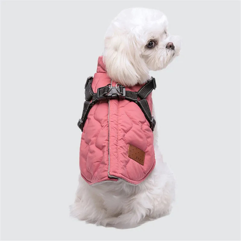 Chaqueta de invierno para perros con arnés, abrigo para perros con forro polar suave y acolchado cálido, chaleco fácil de usar, ropa para perros pequeños, estilo de moda de seguridad