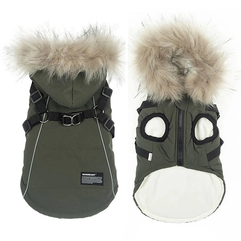 Ropa de invierno para perros, abrigo Parka con Cuello de piel de lujo para perros pequeños, chaqueta cálida acolchada impermeable para mascotas con arnés con cremallera