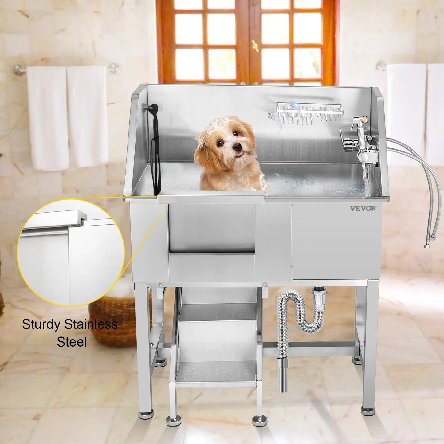 Baignoire de toilettage pour chiens de 34 pouces, en acier inoxydable, avec robinet et accessoires pour Station de lavage pour chiens, baignoire pour animaux de compagnie