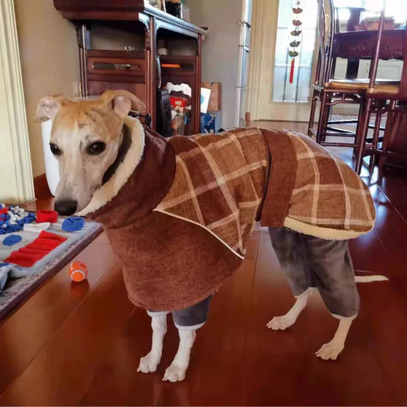 Warm Fleece Winter Big Dog Clothes Fashion Plaid Print  Pet Jacket with Belt for Medium Large Dogs Greyhound Weimaraner Clothing Fashion Style