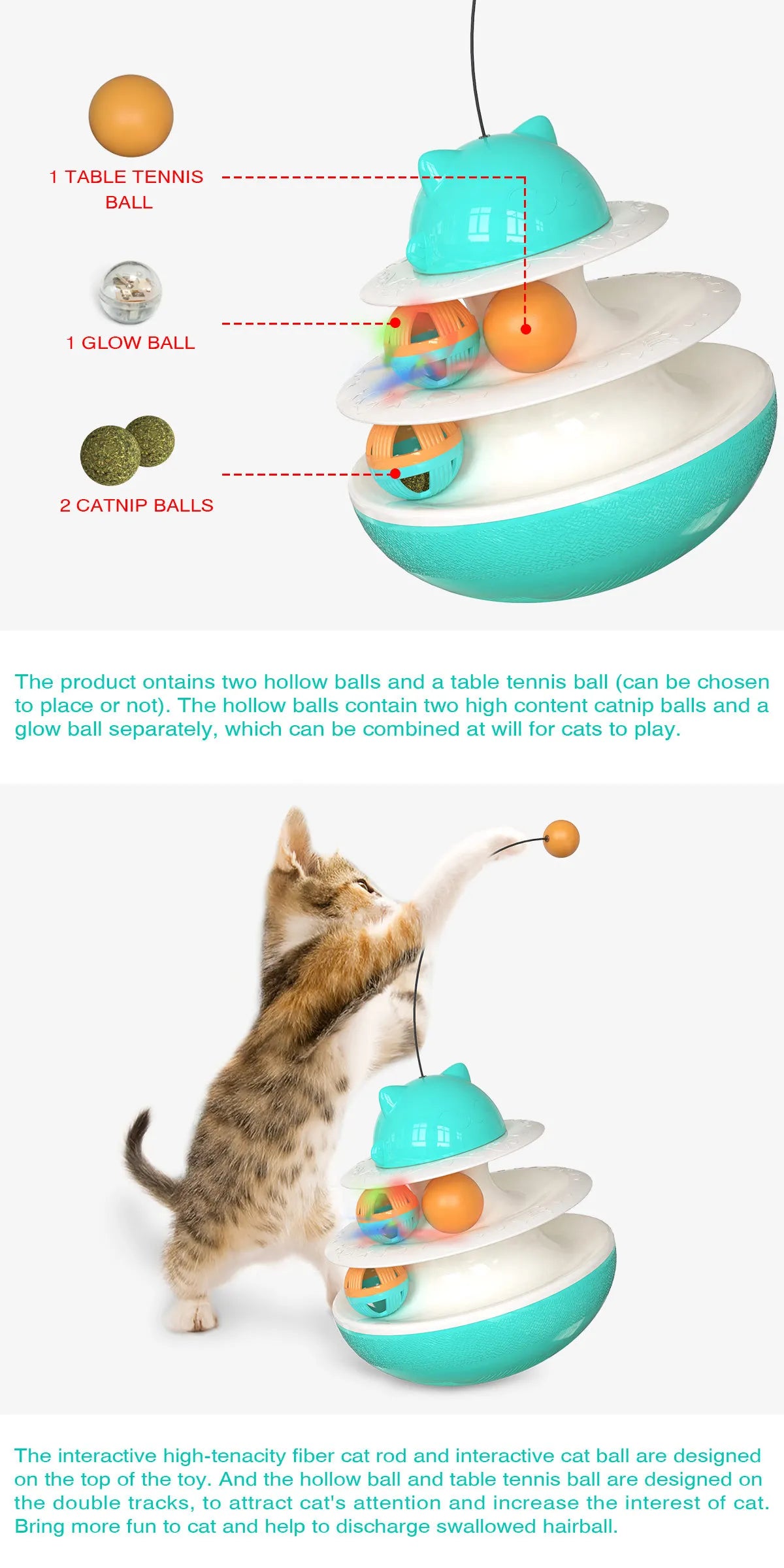 Juguetes para gatos, bola interactiva para mascotas, juguete con fugas para gatos con bolas de túnel de doble rodamiento y varita de burla para gatitos y cachorros para mascotas