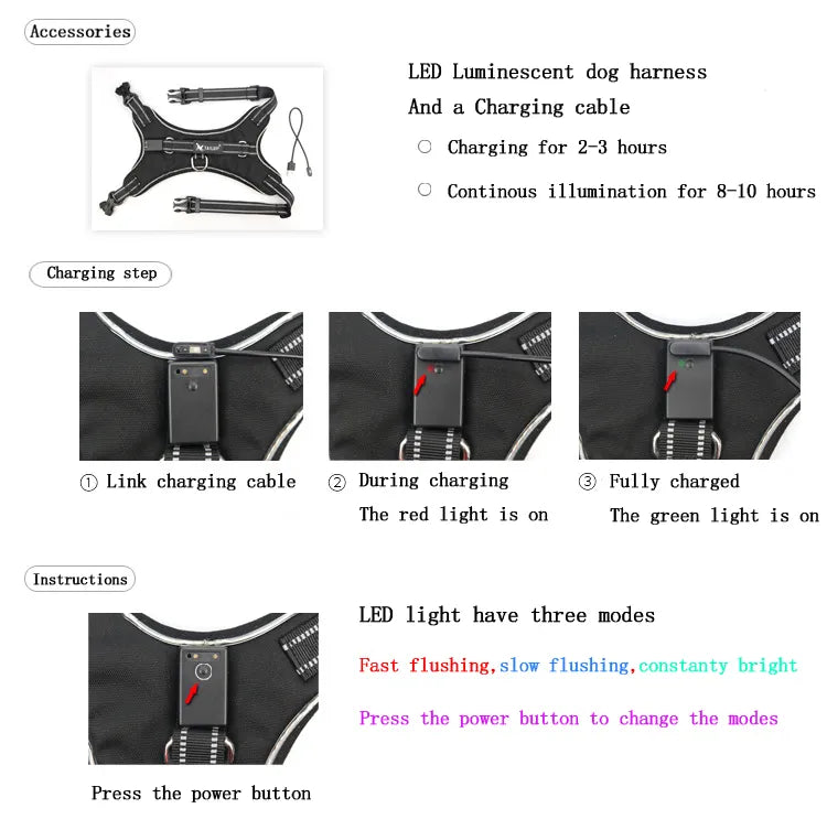 Arnés LED recargable para mascotas, perro con luz intermitente Led de nailon, Collar, correa de seguridad para mascotas, accesorios para perros