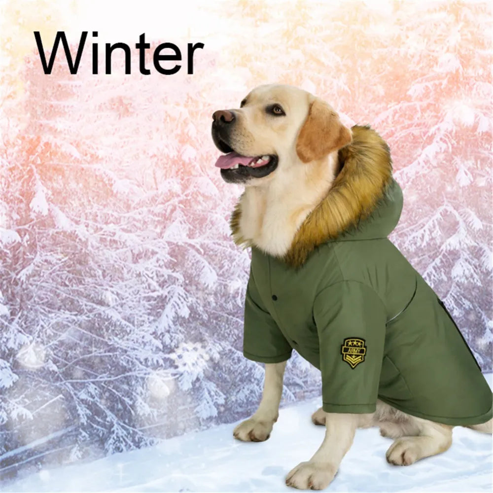 Chaqueta cálida de invierno con capucha para perro, ropa impermeable con Cuello de piel para perro, ropa navideña con insignia, perro más grueso para perros grandes