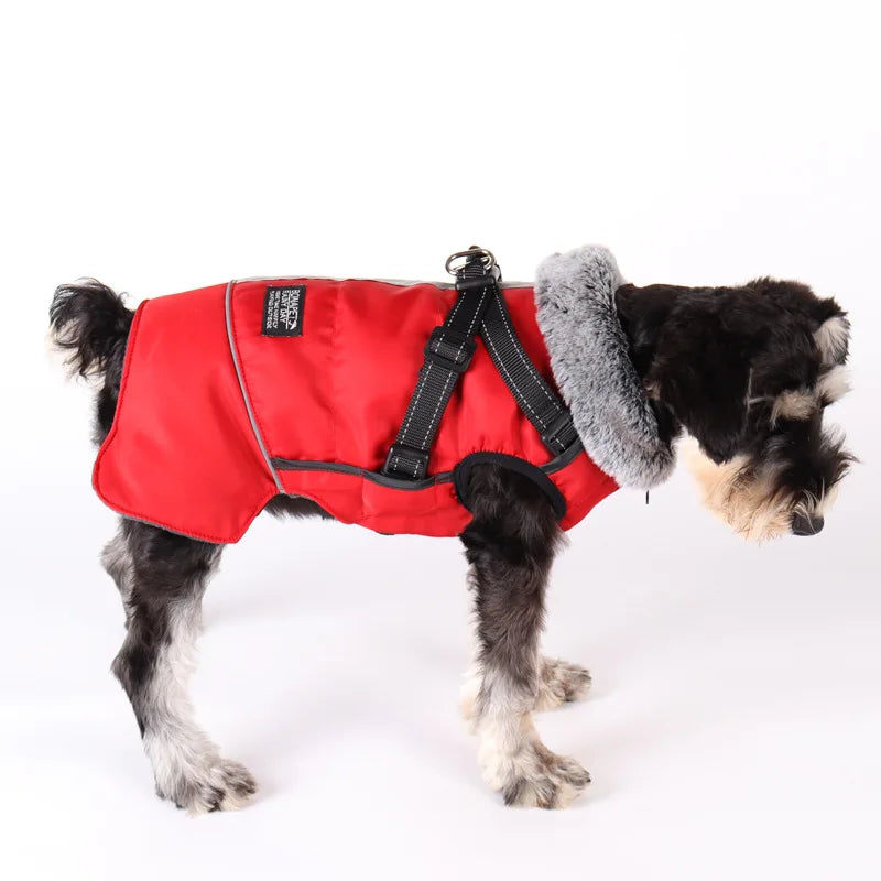 Ropa para perros con Cuello de piel, chaqueta cálida de invierno para exteriores para perros grandes, abrigo acolchado reflectante impermeable para mascotas con arnés, Bulldog Francés