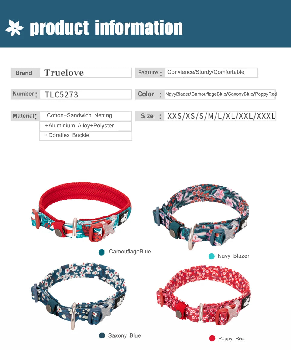 Pet Dog Collar with Three Adjustable Buckle Soft Comfortable Cotton Floral Pattern Resistant to Pull Accessories Fashion Style